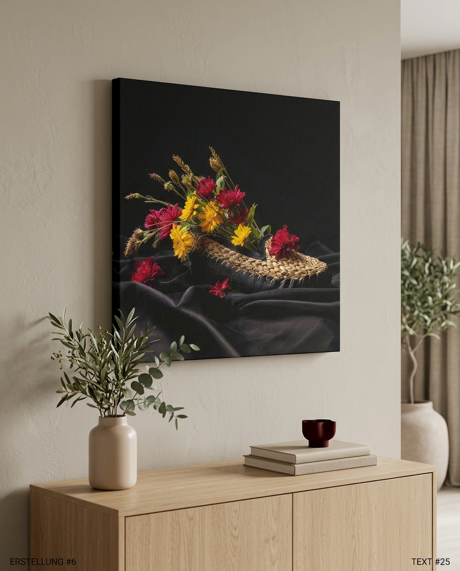 Als ausdrucksstarkes Schwarzwald Wandbild interpretiert dieses Motiv das traditionelle Strohschuh-Handwerk als moderne Wandkunst in einem farbgewaltigen Stillleben.
