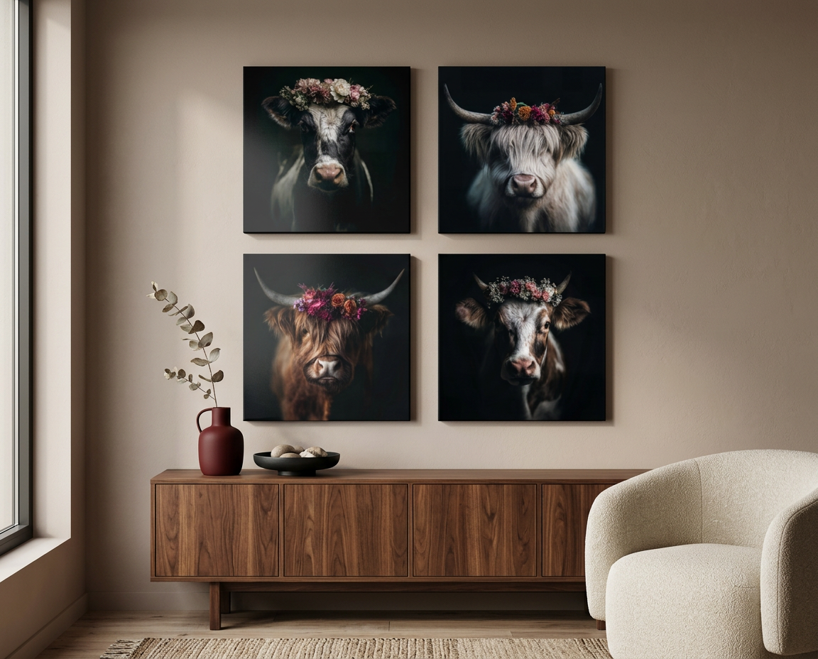 Bild-Analyse: Dieses vierteilige Set quadratischer Leinwandbilder zeigt Nahporträts verschiedener Kühe und Highland-Rinder, jeweils geschmückt mit kunstvollen Blumenkronen. Die Bilder hängen in einem modernen Wohnraum im Rasterformat über einem Holzsideboard, flankiert von einem Bouclé-Sessel und natürlichem Fensterlich