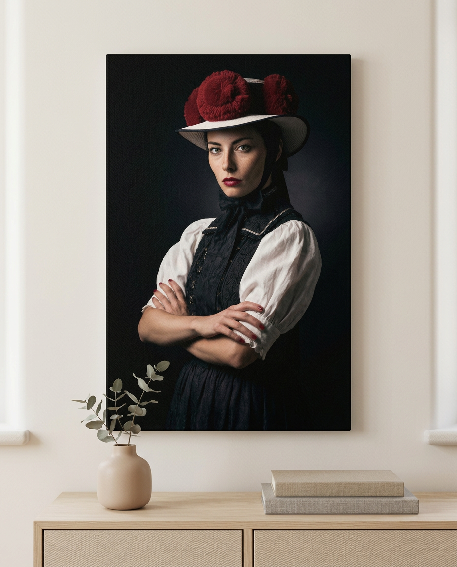 Dieses moderne Schwarzwald Wandbild zeigt eine Frau in traditioneller Tracht mit markantem Rosenhut und fängt Heimatverbundenheit in einem hochwertigen Leinwandbild ein.