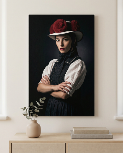 Dieses moderne Schwarzwald Wandbild zeigt eine Frau in traditioneller Tracht mit markantem Rosenhut und fängt Heimatverbundenheit in einem hochwertigen Leinwandbild ein.