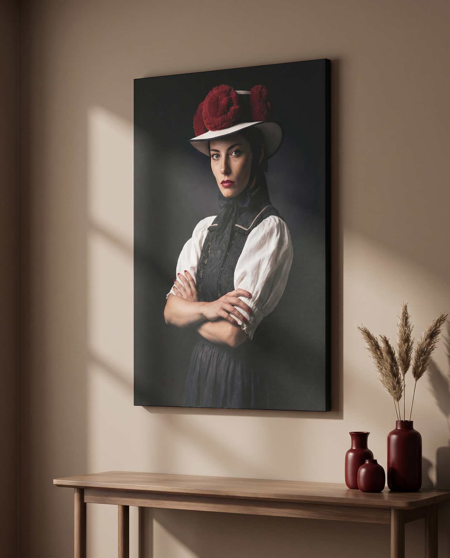 Das edle Schwarzwaldbild kombiniert dunkle Lichtstimmung mit dem ikonischen Rot des Rosenhuts und schafft so ein fokussiertes Kunstwerk für Liebhaber hochwertiger Heimat-Dekoration.