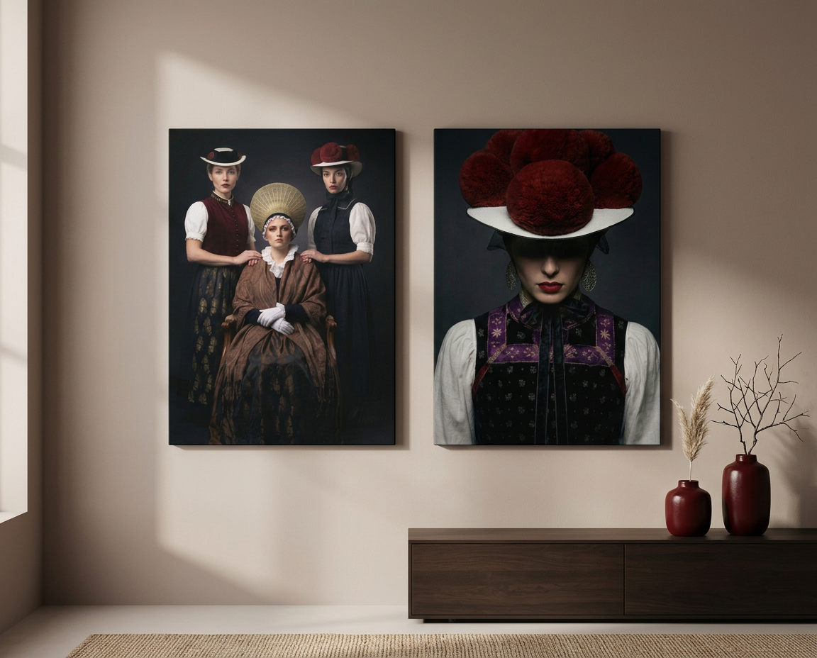 Zwei edle Schwarzwald Bilder hängen in einem stilvollen, in Beige- und Brauntönen gehaltenen Wohnraum über einem Sideboard. Die kunstvollen Porträts zeigen Frauen in traditioneller Schwarzwald-Tracht, wobei der markante rote Bollenhut und historische Kopfbedeckungen modern und mystisch in Szene gesetzt werden.