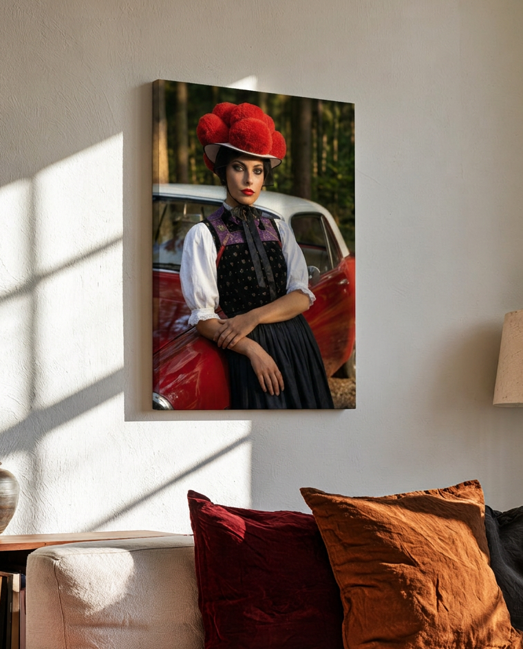 Stilvolles Schwarzwald Wandbild auf Leinwand mit einer jungen Frau im traditionellen Look, die vor einem roten Auto im heimischen Wald posiert.   