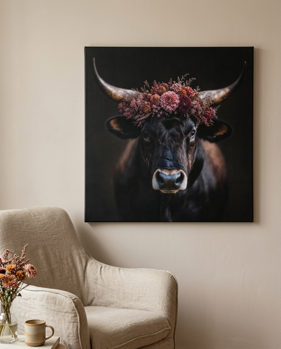Majestätischer Schwarzwald Stier als moderne Wandkunst: Dieses ausdrucksstarke Leinwandbild porträtiert einen kraftvollen Ochsen mit einem opulenten Kranz aus herbstlichen Trockenblumen in Altrosa und Violett vor tiefschwarzem Hintergrund.
