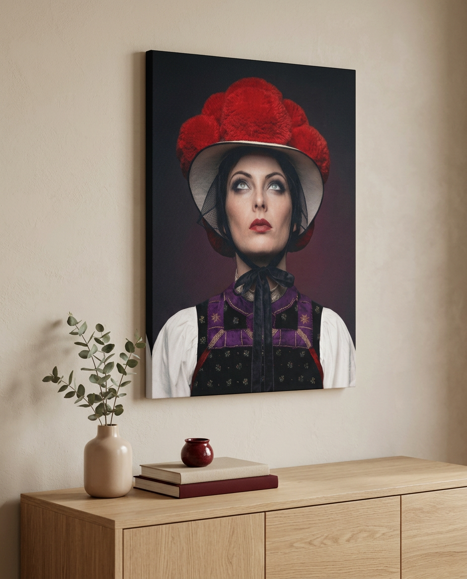 Als Teil unserer künstlerischen Schwarzwaldbilder-Serie präsentiert dieses Wandbild Schwarzwald den Gutacher Bollenhut in einem modernen, fast mystischen Porträt-Kontext auf Leinwand.