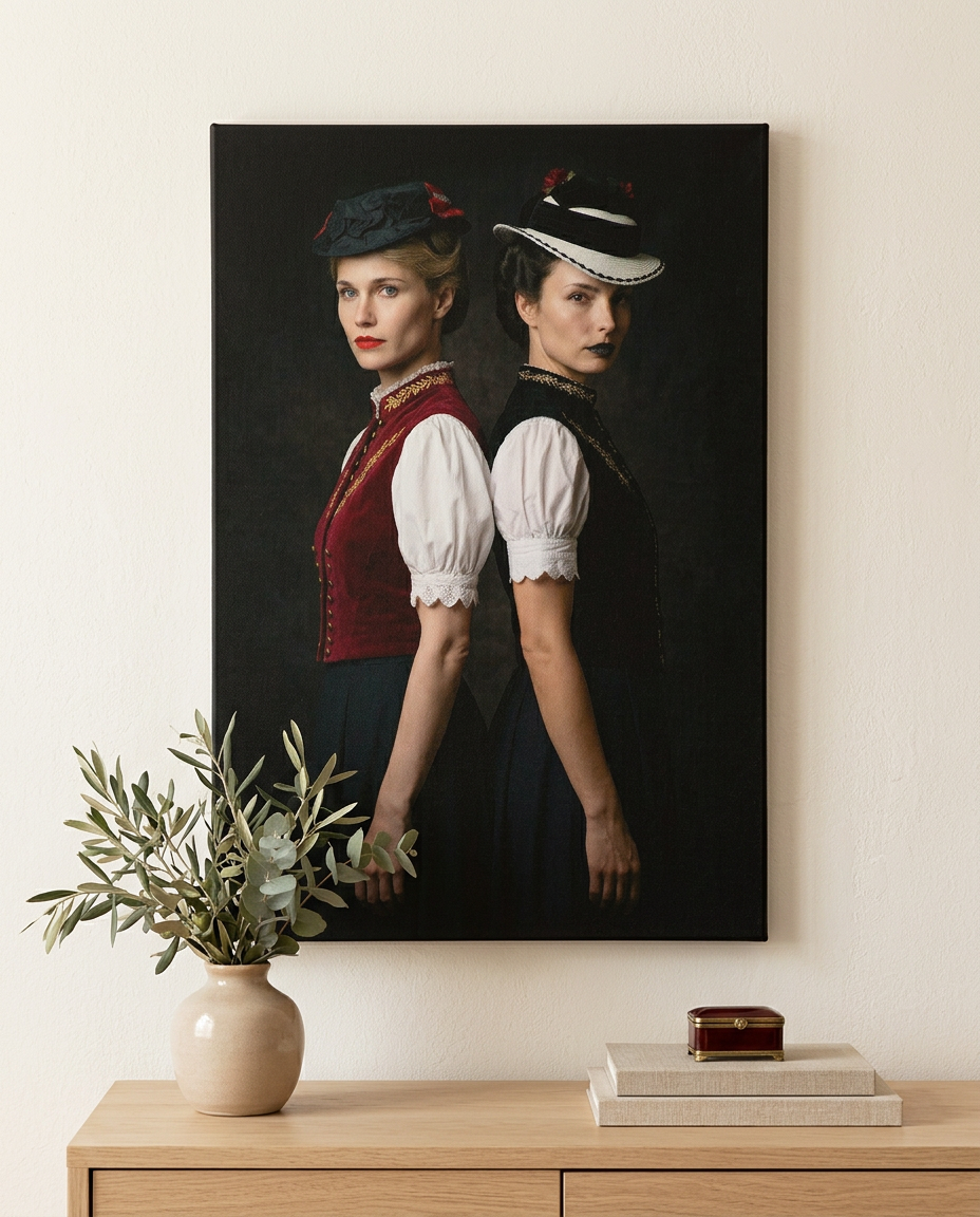 Dieses ausdrucksstarke Schwarzwald Wandbild verbindet weibliche Eleganz mit traditioneller Tracht und setzt als moderne Wandkunst ein stilvolles Statement in Ihren Wohnräumen.