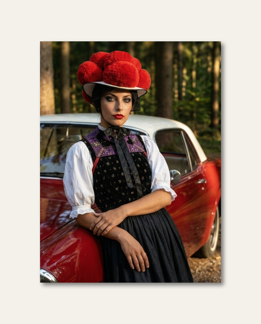 Ausdrucksstarkes Schwarzwald Wandbild mit eleganter Bollenhut-Tracht und Vintage-Auto im sonnendurchfluteten Nadelwald.