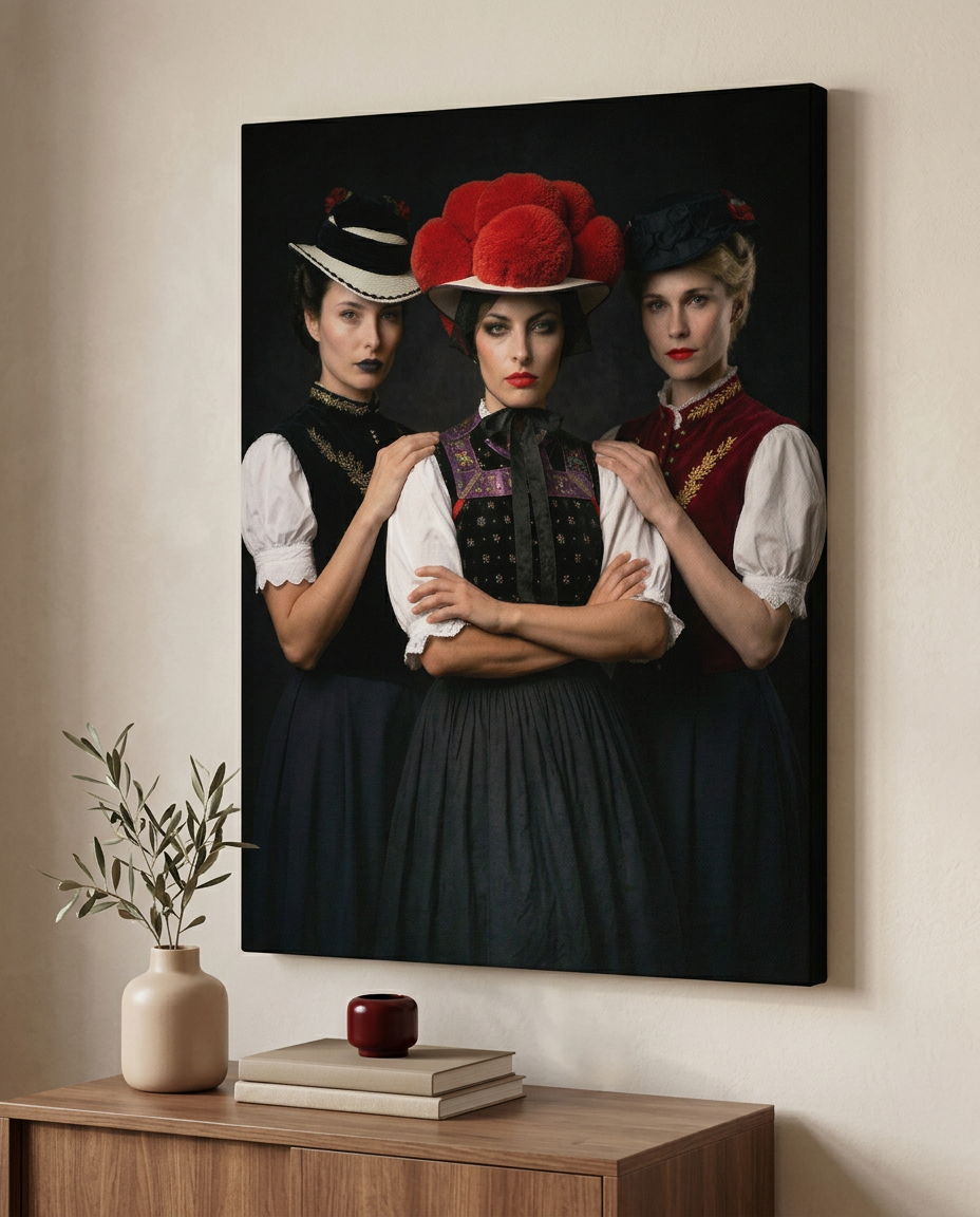 Dieses eindrucksvolle Schwarzwald Wandbild zelebriert die Heimatliebe durch drei Frauen in traditioneller Tracht als moderne Wandkunst in Galerie-Qualität.