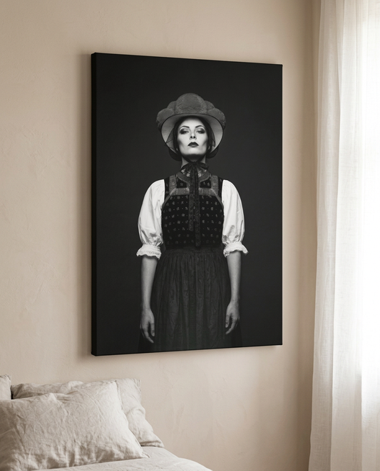 Das Motiv zeigt ein vertikales, kontrastreiches Schwarz-Weiß-Porträt einer Frau in einer eleganten Schwarzwälder Tracht inklusive traditionellem Bollenhut. Die Schwarzwald Leinwand hängt in einer minimalistischen Schlafzimmer-Umgebung über einem Bett mit hellen Leinenkissen und strahlt eine edle, zeitlose Ruhe aus.