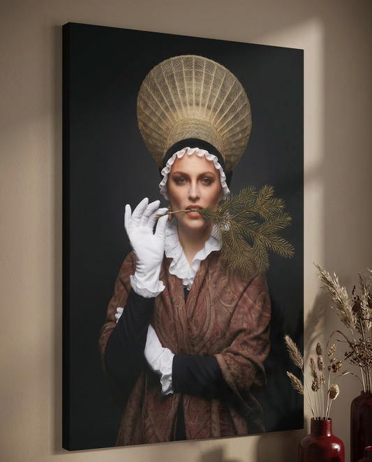 Eine junge Frau in einer modernen Interpretation traditioneller Schwarzwälder Tracht mit einer goldenen Radhaube, weißem Kragen, einem gemusterten Tuch und weißen Handschuhen posiert vor dunklem Hintergrund. Sie hält einen Tannenzweig im Mund, während das gerahmte Leinwandbild in einem stilvollen Raum hängt.