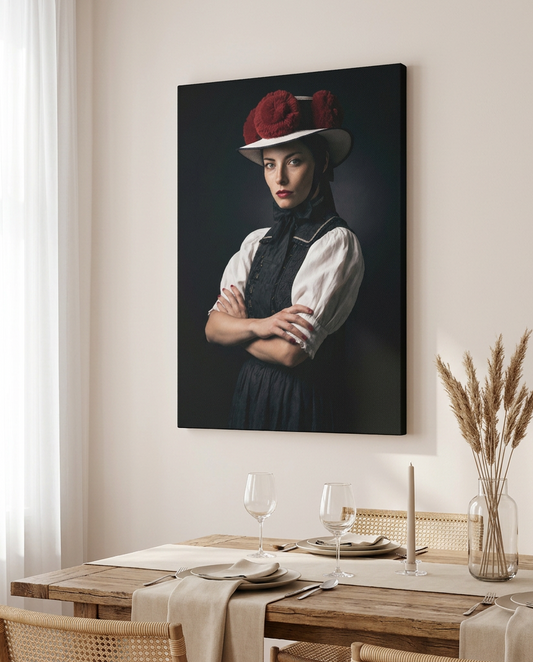Das Bild zeigt ein stilvoll eingerichtetes Esszimmer mit einem hölzernen Esstisch, an dessen Wand ein großes, vertikales Schwarzwald Leinwandbild prangt. Das Kunstwerk porträtiert eine Frau in traditioneller Schwarzwälder Tracht mit einem markanten Rosenhut und verschränkten Armen vor einem dunklen, stimmungsvollen Hintergrund.