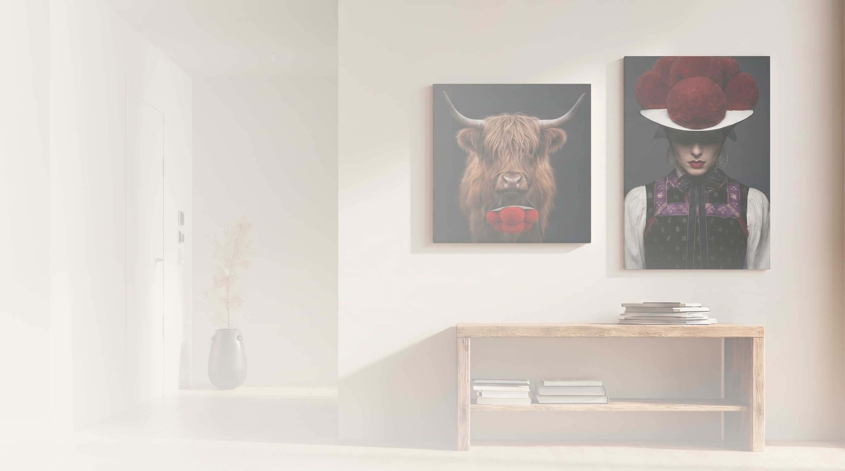 Moderne Wandkunst für Ihr Zuhause: Stilvolle Schwarzwald Bilder auf Leinwand präsentieren ein Hochlandrind und eine traditionelle Tracht mit Bollenhut in einem minimalistischen Wohnzimmer von HEIMARTWORK.
