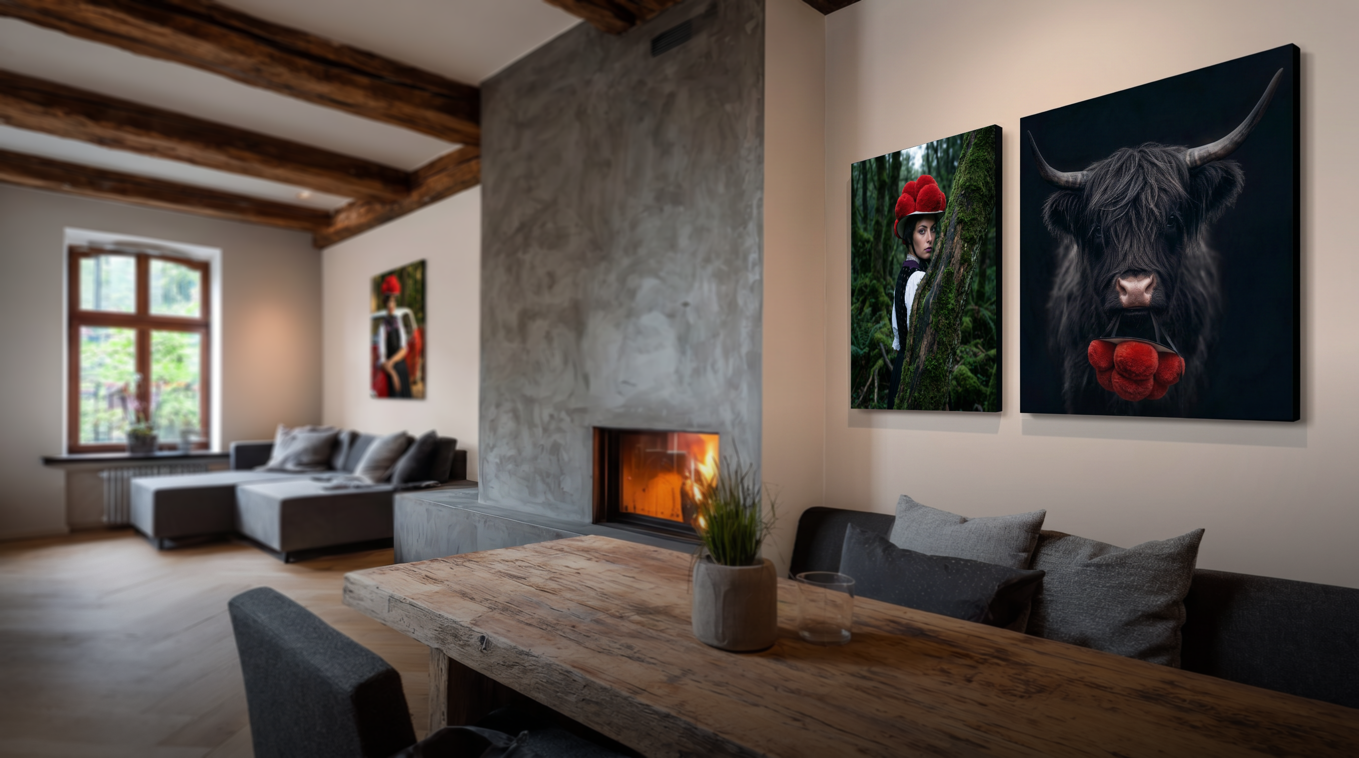 Die Raumaufstellung zeigt ein modernes, alpines Wohn- und Esszimmer mit Holzbalkendecke, in dem hochwertige Schwarzwald-Kunstwerke präsentiert werden: Ein Bild zeigt eine Frau mit traditionellem rotem Bollenhut im Wald, das andere ein schwarzes Hochlandrind mit einem roten Bollenhut im Maul.