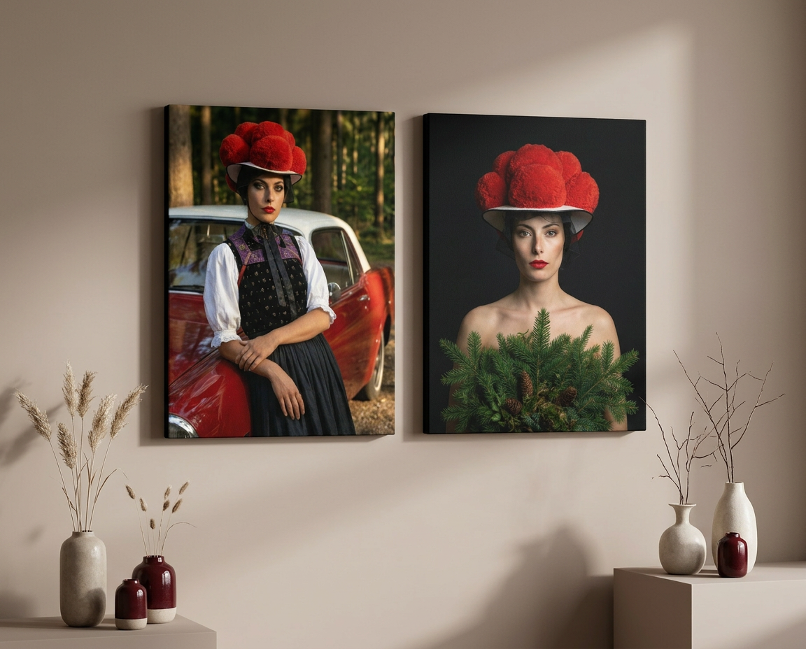 Zwei hochformatige Schwarzwald Bilder präsentieren eine moderne, ästhetische Interpretation der Heimattradition. Das linke Leinwandbild zeigt eine Frau in klassischer Schwarzwald-Tracht an einem roten Oldtimer im Wald, während das rechte Porträt den ikonischen roten Bollenhut minimalistisch mit frischen Tannenzweigen kombiniert.