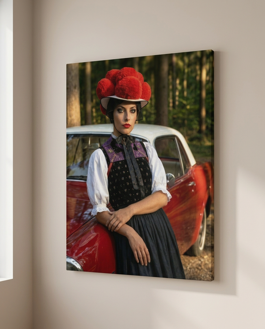 Hochwertiges Schwarzwald Leinwandbild einer Frau mit Bollenhut im Zusammenspiel von leuchtend roten Bollen und dem klassischen Oldtimer.