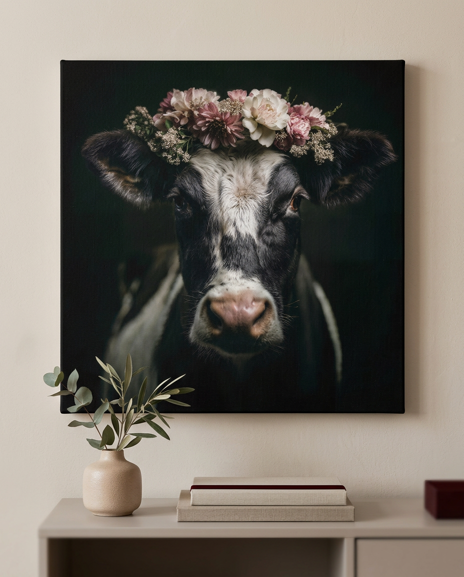 Modernes Schwarzwald Wandbild einer Kuh mit floralem Kopfschmuck als hochwertige Leinwandkunst für ein stilvolles Zuhause.
