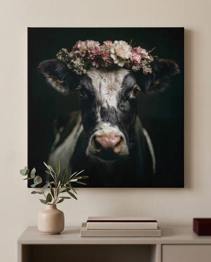 Modernes Schwarzwald Wandbild einer Kuh mit floralem Kopfschmuck als hochwertige Leinwandkunst für ein stilvolles Zuhause.