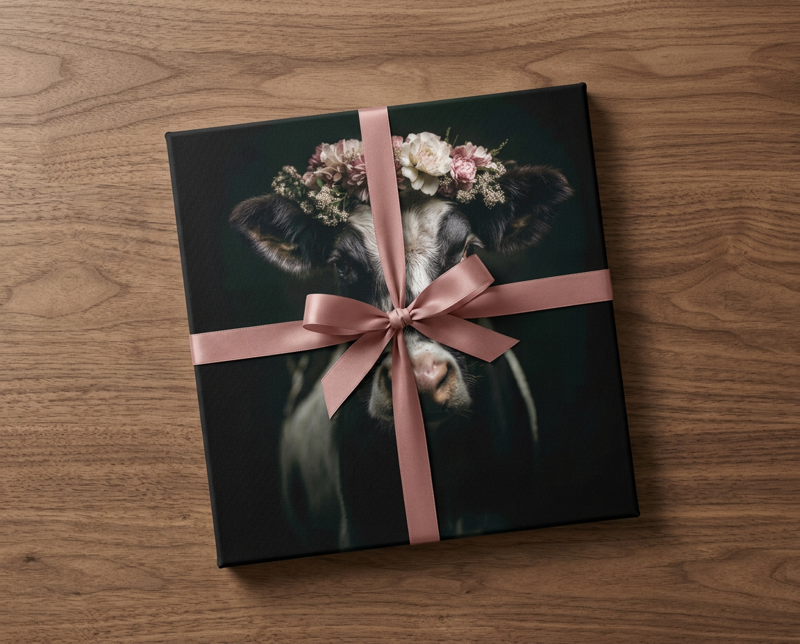 Ein ideales Geschenk aus der Heimat: Das quadratische Schwarzwald Wandbild mit dem Porträt einer Kuh und edlem Blumenkranz wird hier elegant mit einer altrosa Geschenkschleife auf einer stilvollen Holzoberfläche präsentiert.