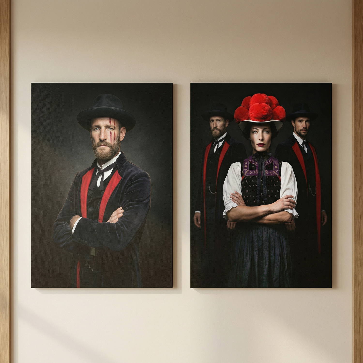 Zwei Schwarzwald Leinwandbilder: links ein Mann mit roter Gesichtsbemalung, rechts eine Frau im Bollenhut mit zwei Männern.
