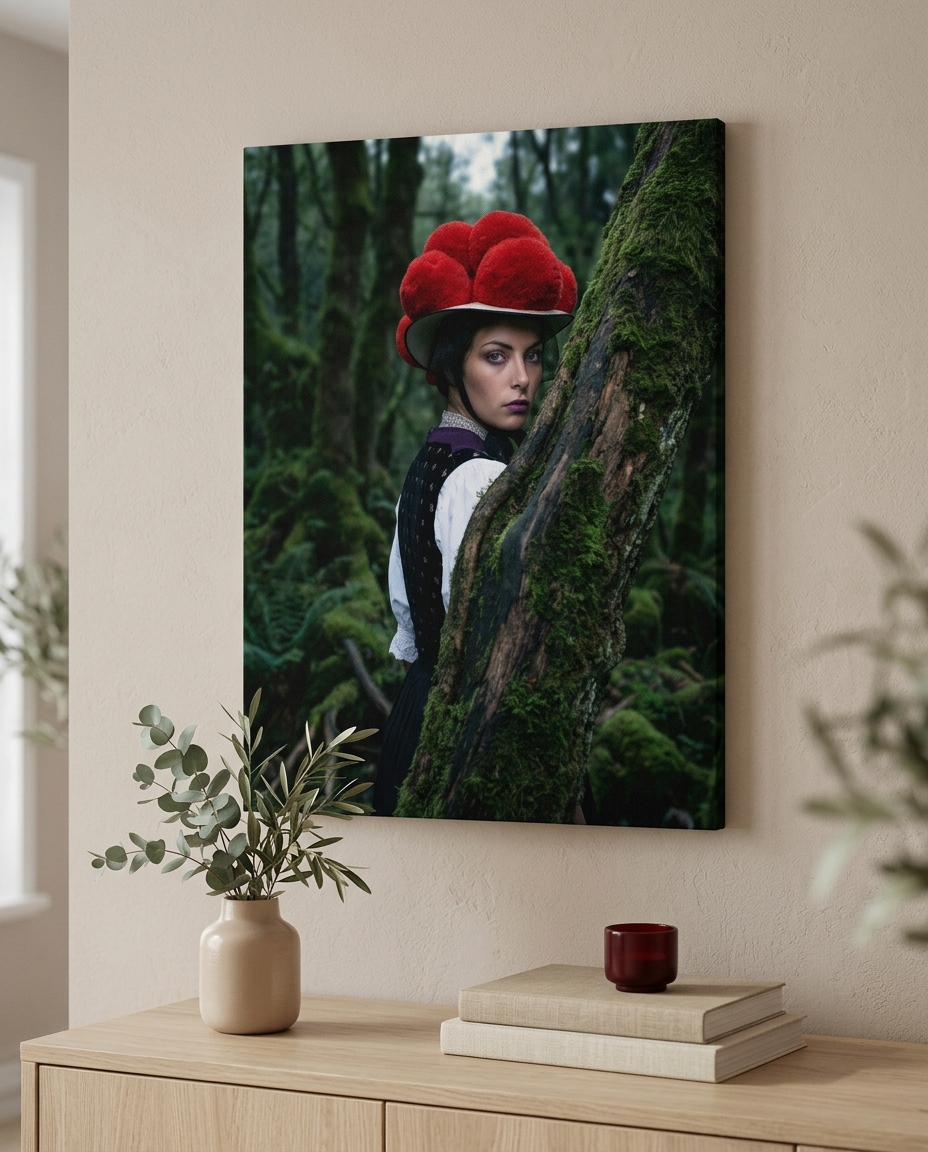 Modernes Schwarzwald Wandbild einer Frau mit traditionellem Bollenhut, die in einer mystischen Waldkulisse als hochwertige moderne Wandkunst inszeniert wird.