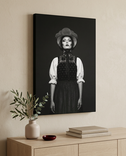 Zeitlose moderne Wandkunst als Schwarz-Weiß-Porträt einer Frau in Tracht, das als elegantes Schwarzwald Wandbild inklusive Bollenhut jeden Raum aufwertet.