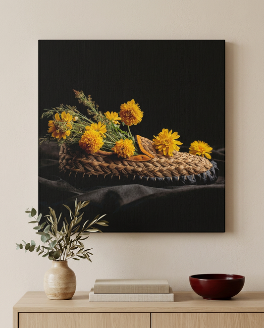 Dieses Schwarzwald Wandbild vereint traditionelles Brauchtum mit moderner Ästhetik, indem es den klassischen Strohschuh als moderne Wandkunst auf Leinwand neu inszeniert.