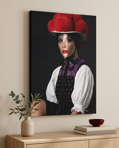 Dieses edle Schwarzwald Wandbild zeigt eine moderne Interpretation der Tracht mit Bollenhut, kunstvoll inszeniert durch ein Spiel aus Licht und Schatten.