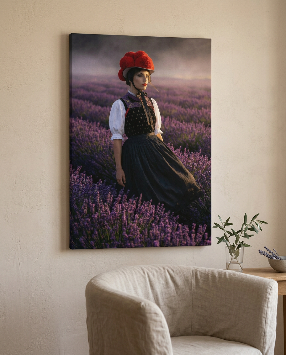 Dieses ästhetische Schwarzwald Wandbild kombiniert den roten Bollenhut mit der sanften Farbe eines Lavendelfeldes zu einer einzigartigen Form moderner Wandkunst.