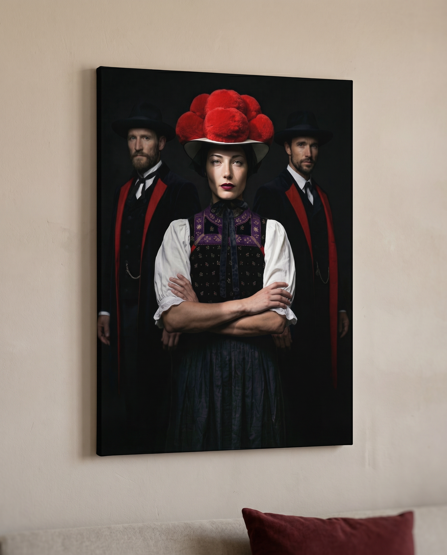 Repräsentative moderne Wandkunst als Schwarzwald Bild auf Leinwand, das Tradition und stolze Heimatverbundenheit perfekt inszeniert. Eine Bollenhut-Trägerin flankiert von zwei Herren in Tracht.