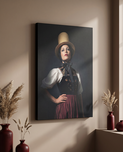Erleben Sie mit diesem exklusiven Schwarzwald Bild auf Leinwand eine zeitlose Interpretation von Heimat und Brauchtum, meisterhaft inszeniert durch farbintensive Kontraste und ein fesselndes Porträt.