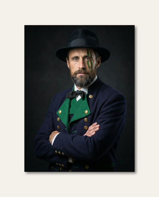Stilvolles Schwarzwald Wandbild mit kraftvollem Männer-Porträt in eleganter Tracht vor edlem dunklem Hintergrund.