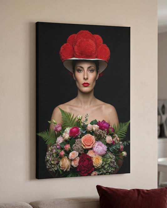 Elegantes Porträt einer Frau mit rotem Bollenhut und üppigem Blumenbouquet als hochwertiges Schwarzwald Leinwandbild für ein stilvolles Zuhause.