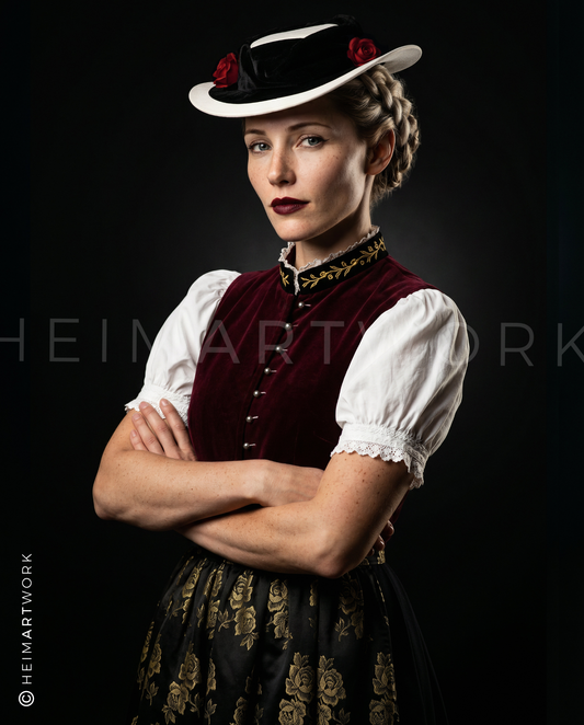 Das Porträt zeigt eine junge Frau in einer edlen Schwarzwald-Tracht mit traditionellem Trachten-Hut vor einem tiefschwarzen Hintergrund, was die Kontraste der samtigen Weste und der goldenen Stickereien betont.