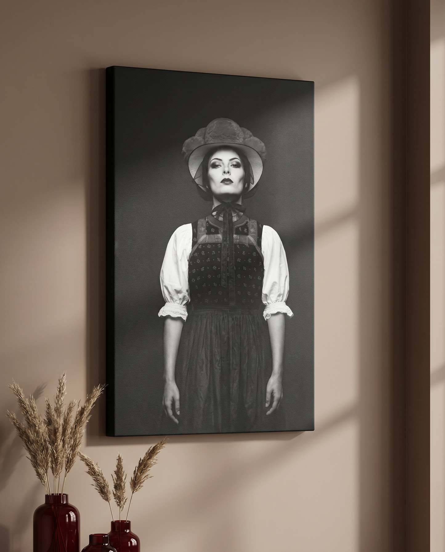 Ein exklusives Schwarzwald Bild auf Leinwand, das durch den starken Kontrast und das klassische Bollenhut-Motiv zum stilvollen Blickfang wird.