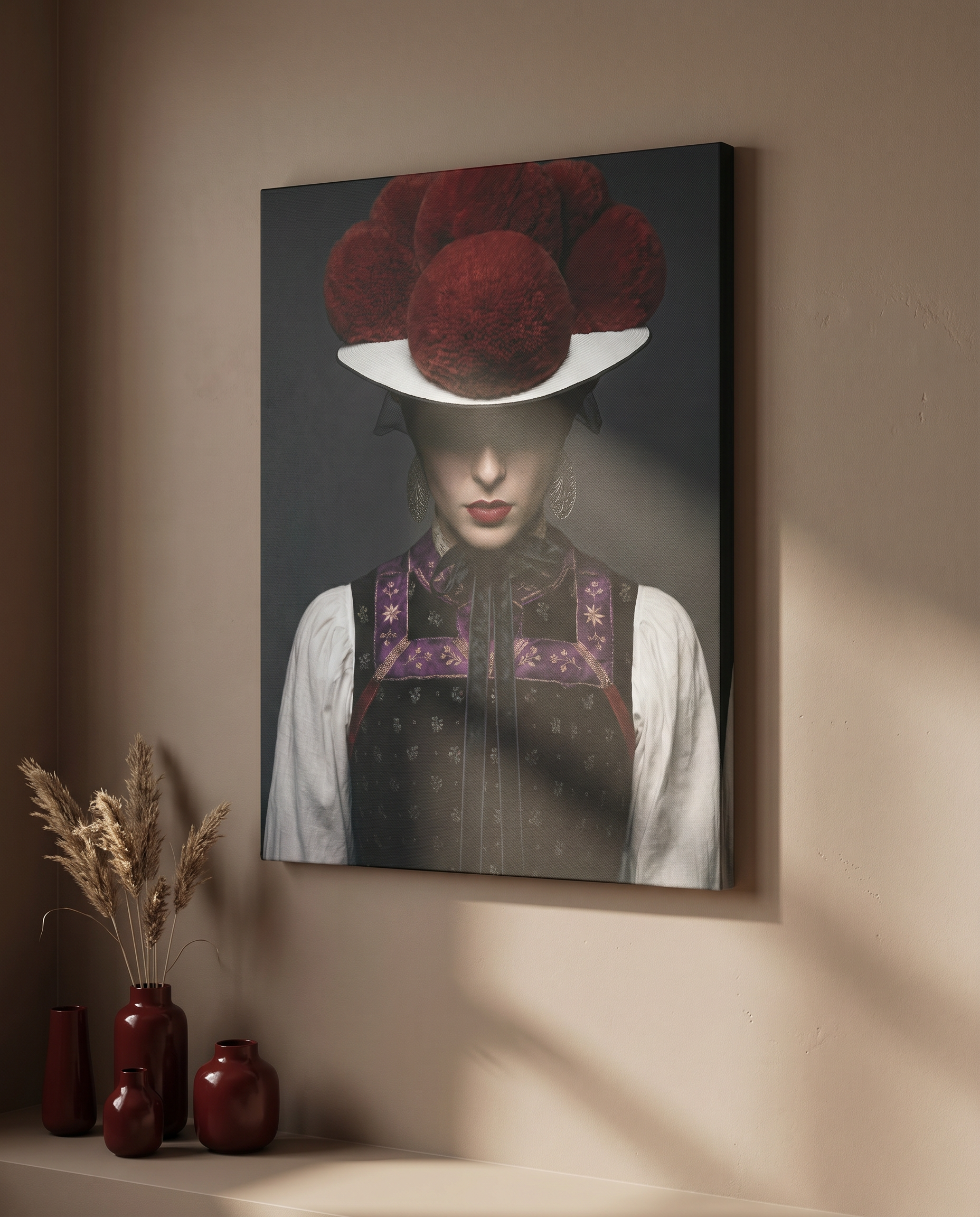 Frau in Schwarzwälder Tracht mit rotem Bollenhut, Gesicht im Schatten, detailreiches Mieder auf dunklem Hintergrund.