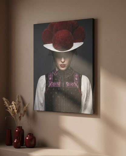 Frau in Schwarzwälder Tracht mit rotem Bollenhut, Gesicht im Schatten, detailreiches Mieder auf dunklem Hintergrund.
