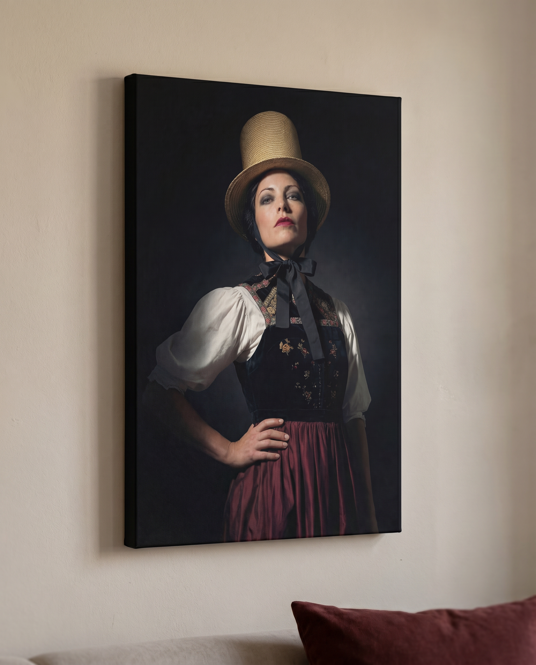 Dieses elegante Schwarzwald Wandbild verbindet weibliche Würde mit der Symbolkraft des traditionellen Strohhuts und setzt als moderne Wandkunst ein tiefgründiges Statement in Ihrem Wohnbereich.