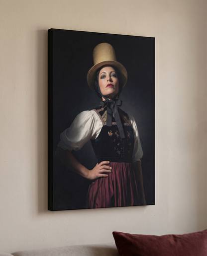 Dieses elegante Schwarzwald Wandbild verbindet weibliche Würde mit der Symbolkraft des traditionellen Strohhuts und setzt als moderne Wandkunst ein tiefgründiges Statement in Ihrem Wohnbereich.