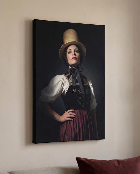 Dieses elegante Schwarzwald Wandbild verbindet weibliche Würde mit der Symbolkraft des traditionellen Strohhuts und setzt als moderne Wandkunst ein tiefgründiges Statement in Ihrem Wohnbereich.