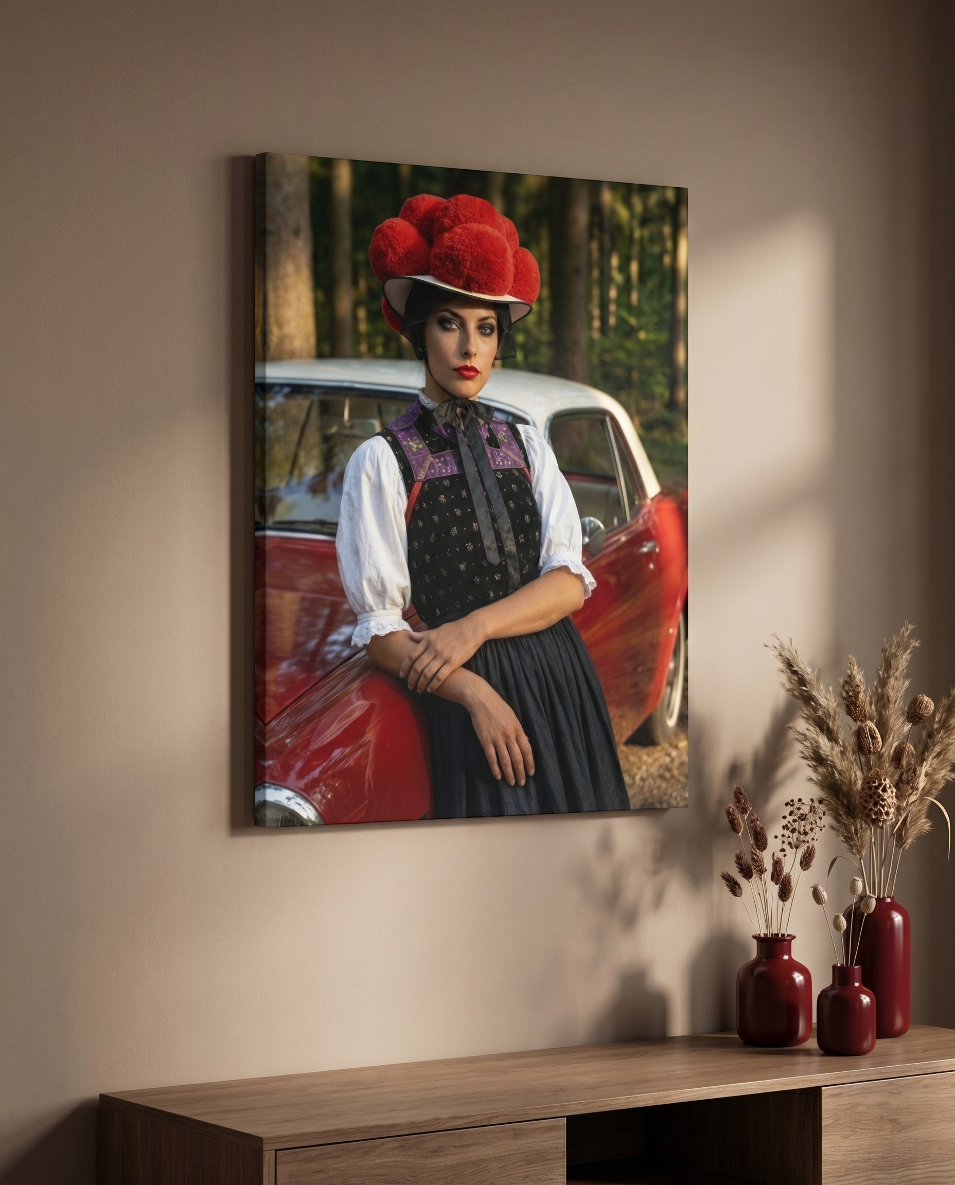 in ausdrucksstarkes Schwarzwald Bild auf Leinwand, das durch den Kontrast zwischen dem leuchtenden Rot des Bollenhuts und dem klassischen Oldtimer eine moderne Interpretation von Heimat schafft.