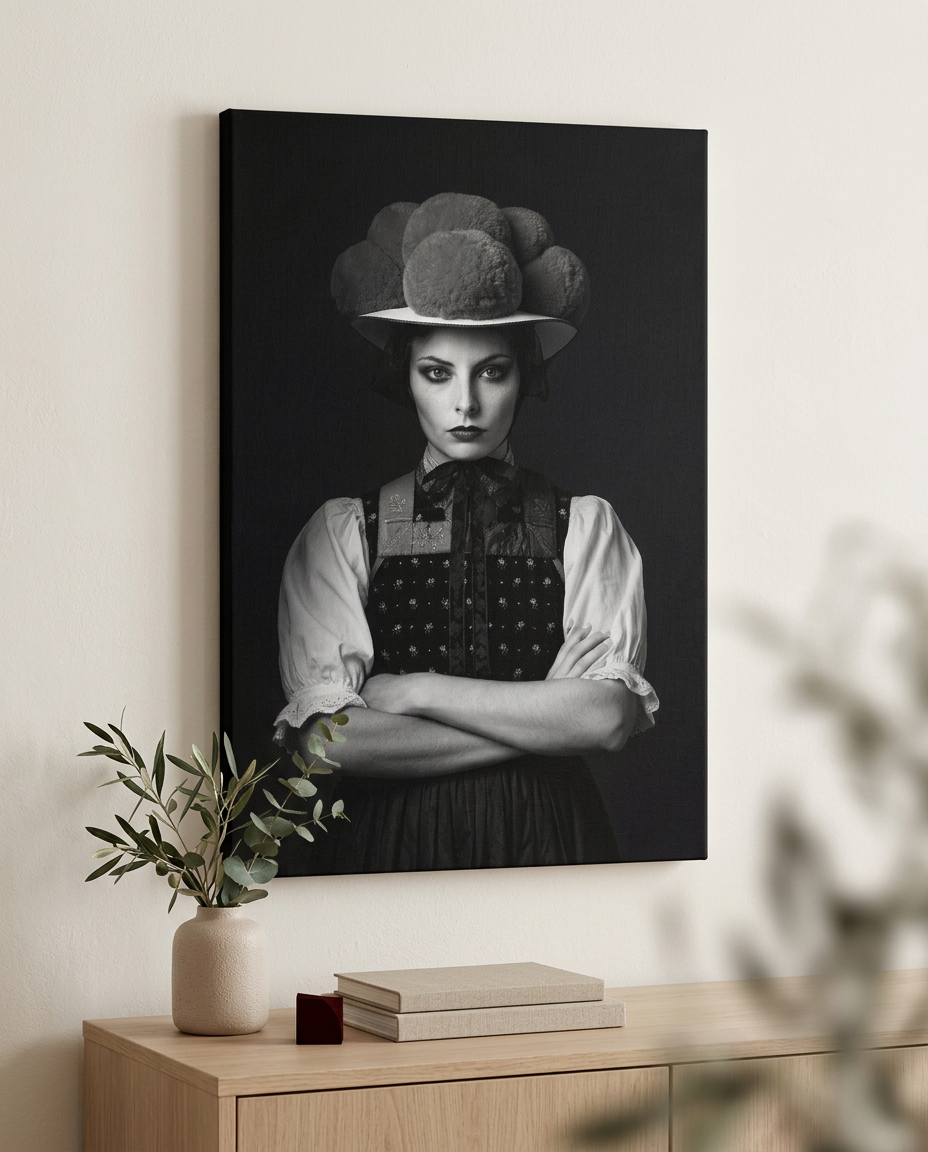 Dieses Schwarzwaldbild auf Leinwand besticht durch ein kontrastreiches Schwarz-Weiß-Porträt, das den traditionellen Bollenhut als moderne Wandkunst neu und charakterstark inszeniert.