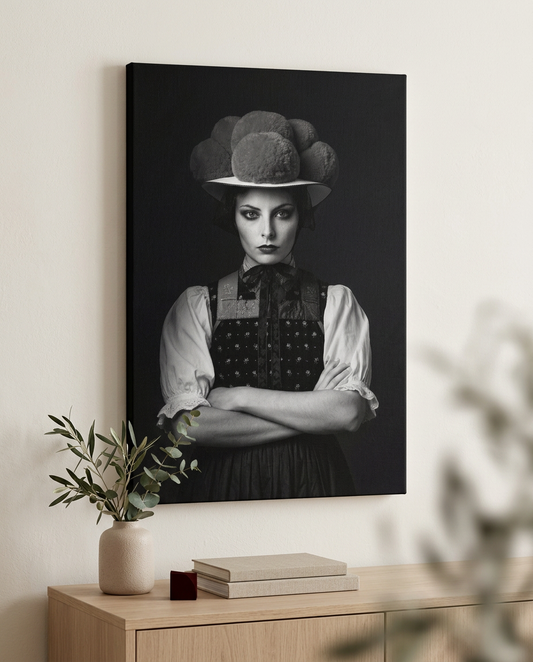 Dieses Schwarzwaldbild auf Leinwand besticht durch ein kontrastreiches Schwarz-Weiß-Porträt, das den traditionellen Bollenhut als moderne Wandkunst neu und charakterstark inszeniert.