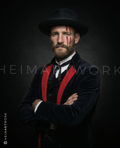 Das Motiv zeigt ein markantes Porträt eines Mannes in traditionell inspirierter Schwarzwälder Tracht mit dunklem Hut und Samtjacke mit roten Akzenten. Sein Gesicht ist von drei roten vertikalen Streifen gezeichnet, was dem Bild eine archaische und kämpferische Note verleiht. Die verschränkten Arme und der ernste Blick vor tiefschwarzem Hintergrund erzeugen eine kraftvolle, fast mystische Atmosphäre.