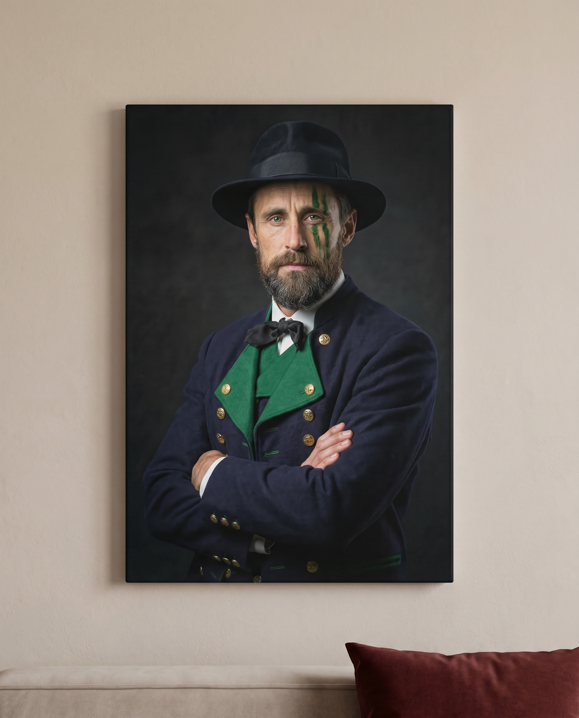 Mann mit Bart in blau-grüner Schwarzwald Tracht und Hut, grüne Bemalung im Gesicht, verschränkte Arme, dunkler Hintergrund.