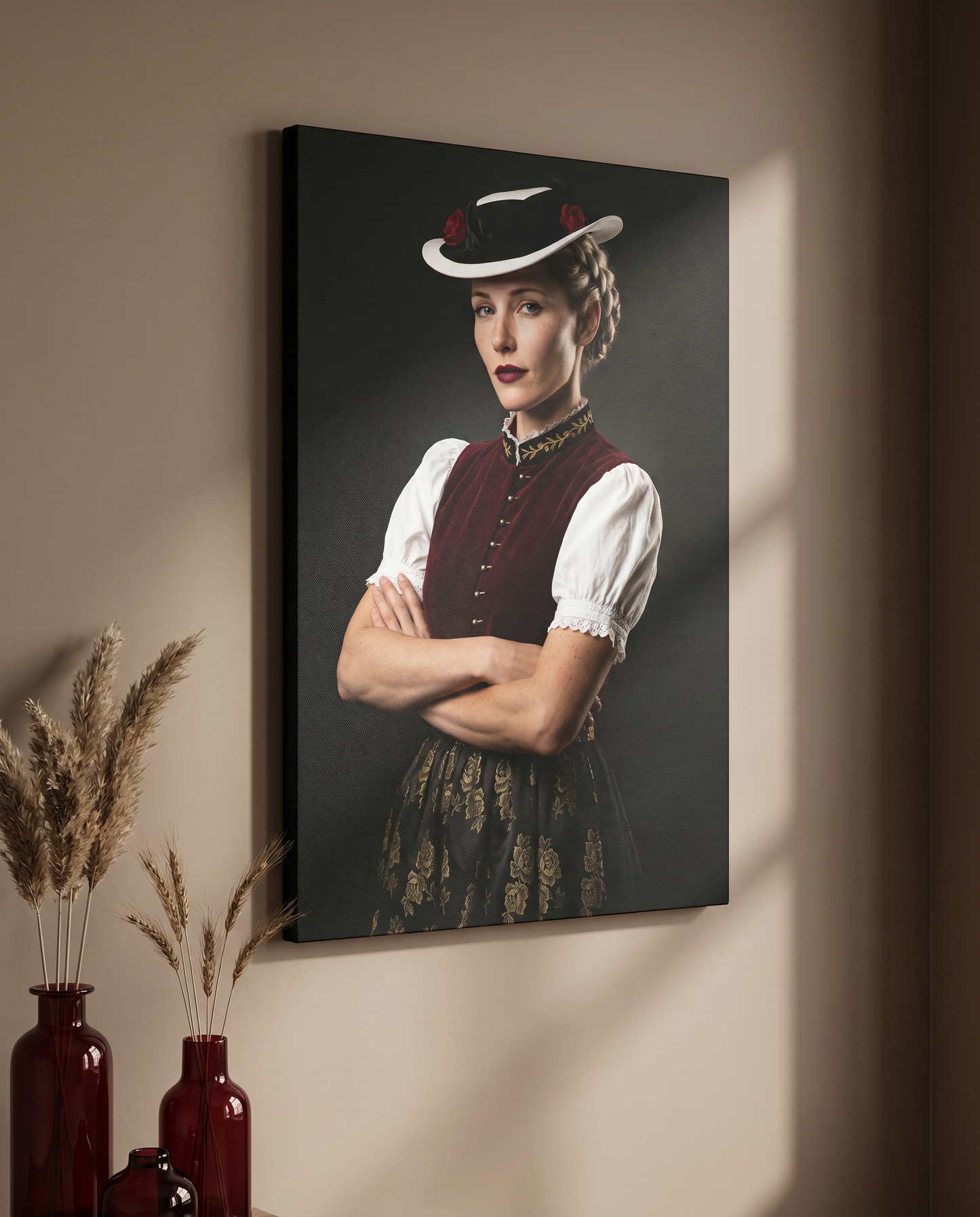 Elegante Schwarzwald Wandkunst, die durch den starken Kontrast zwischen dunklem Hintergrund und der detailreichen Tracht eine zeitlose Atmosphäre schafft.