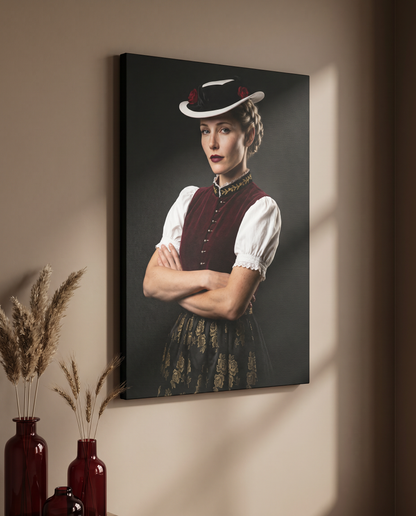 Elegante Schwarzwald Wandkunst, die durch den starken Kontrast zwischen dunklem Hintergrund und der detailreichen Tracht eine zeitlose Atmosphäre schafft.