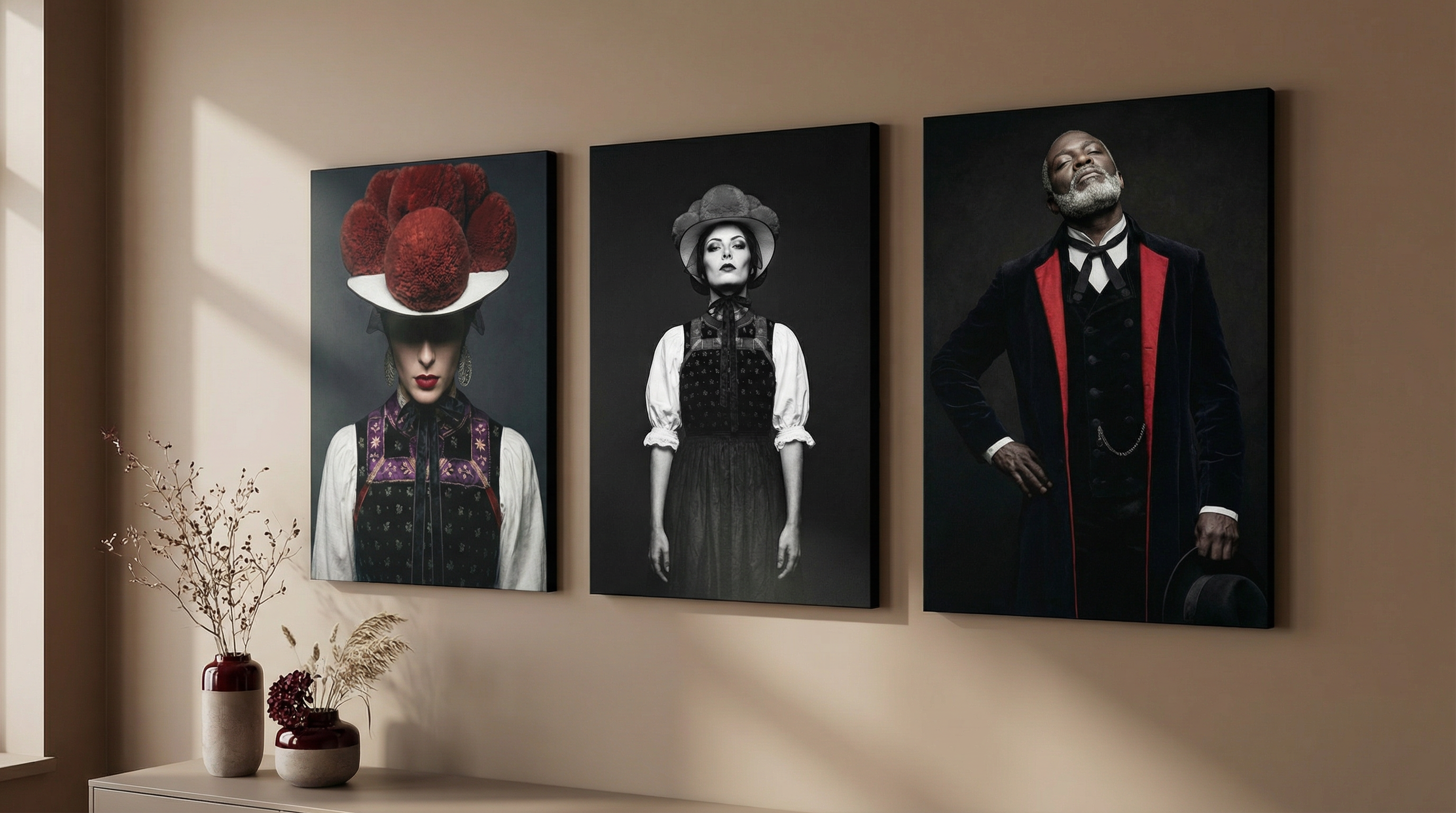 Drei Schwarzwald Wandbilder mit modernen Schwarzwald-Porträts: Zwei Frauen mit Bollenhut und ein Herr in edler Tracht auf dunklem Grund.