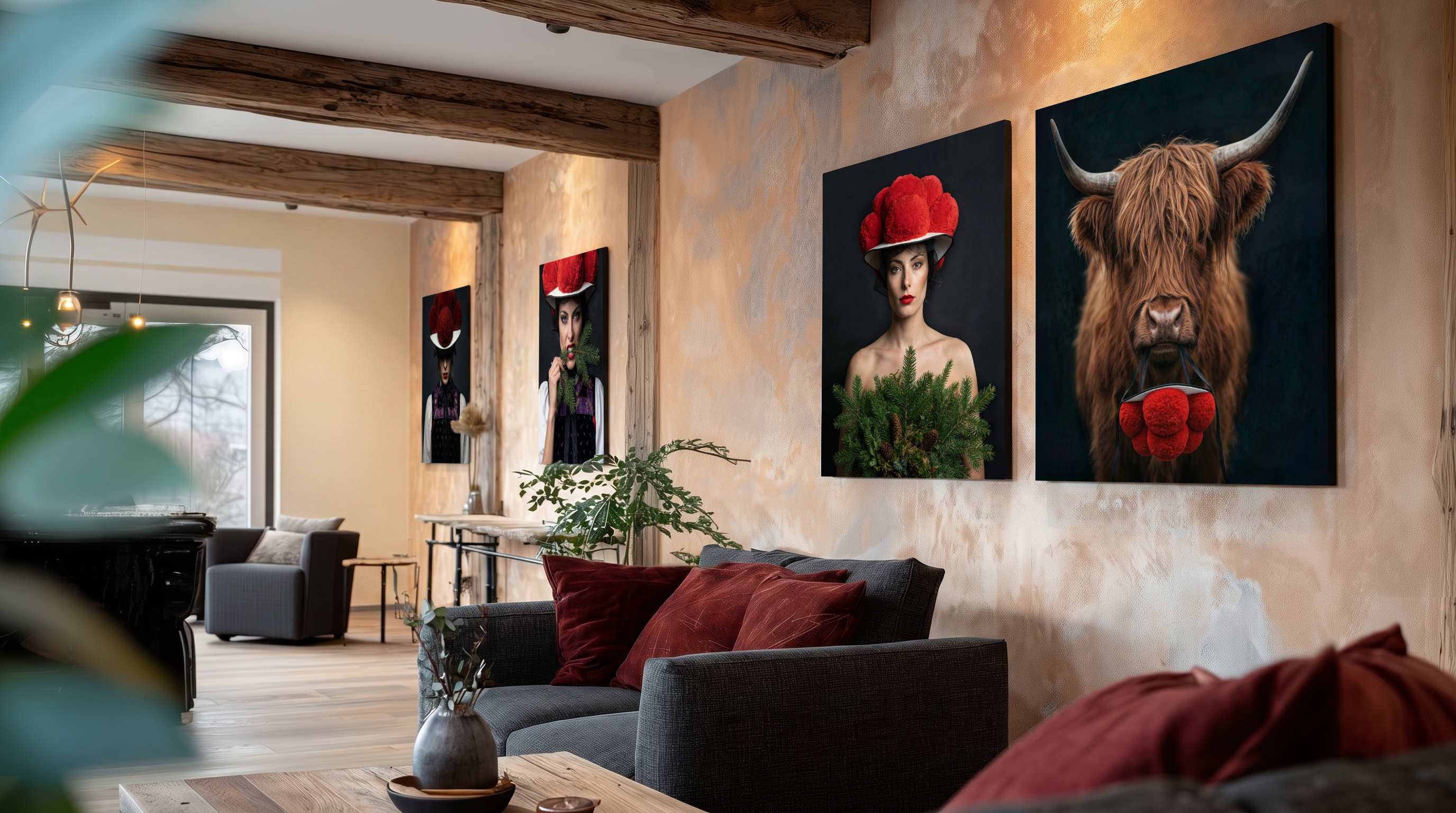 Ein stilvolles, modernes Wohnzimmer-Interieur mit rustikalen Deckenbalken zeigt eine Galerie-Anordnung verschiedener Schwarzwald Wandbilder mit neu interpretierten Schwarzwald-Motiven (Frauen mit rotem Bollenhut und ein Hochlandrind).