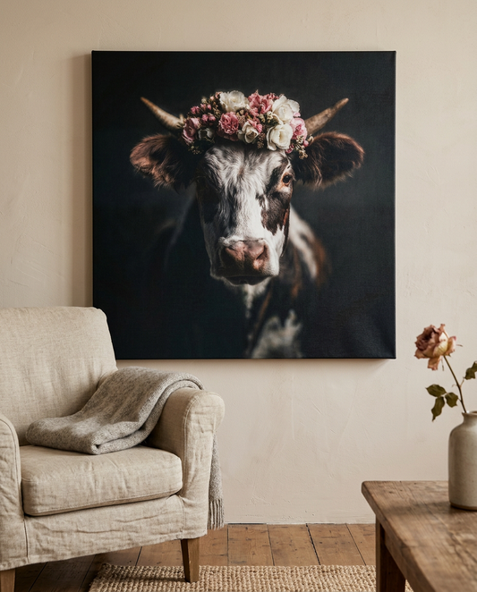 Dieses ästhetische Kuh Wandbild interpretiert das klassische Weidetier neu und bringt als Leinwandbild mit Rosenkranz eine feminine, moderne Note in Ihre Räume.