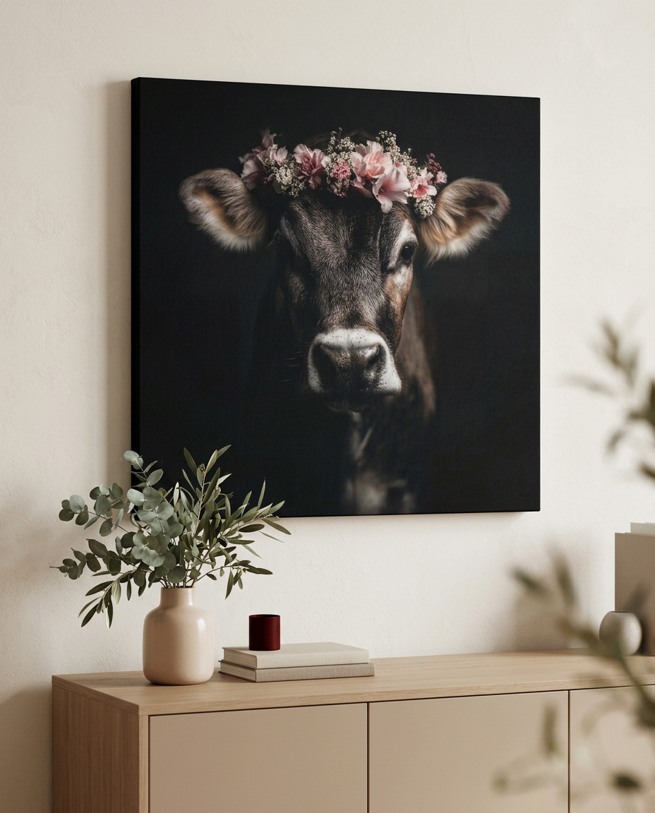 Dieses moderne Schwarzwald-Rind Wandbild eines jungen Kalbes mit floralem Kopfschmuck bringt eine liebevolle und beruhigende Atmosphäre als Leinwandbild in Ihr Zuhause.
